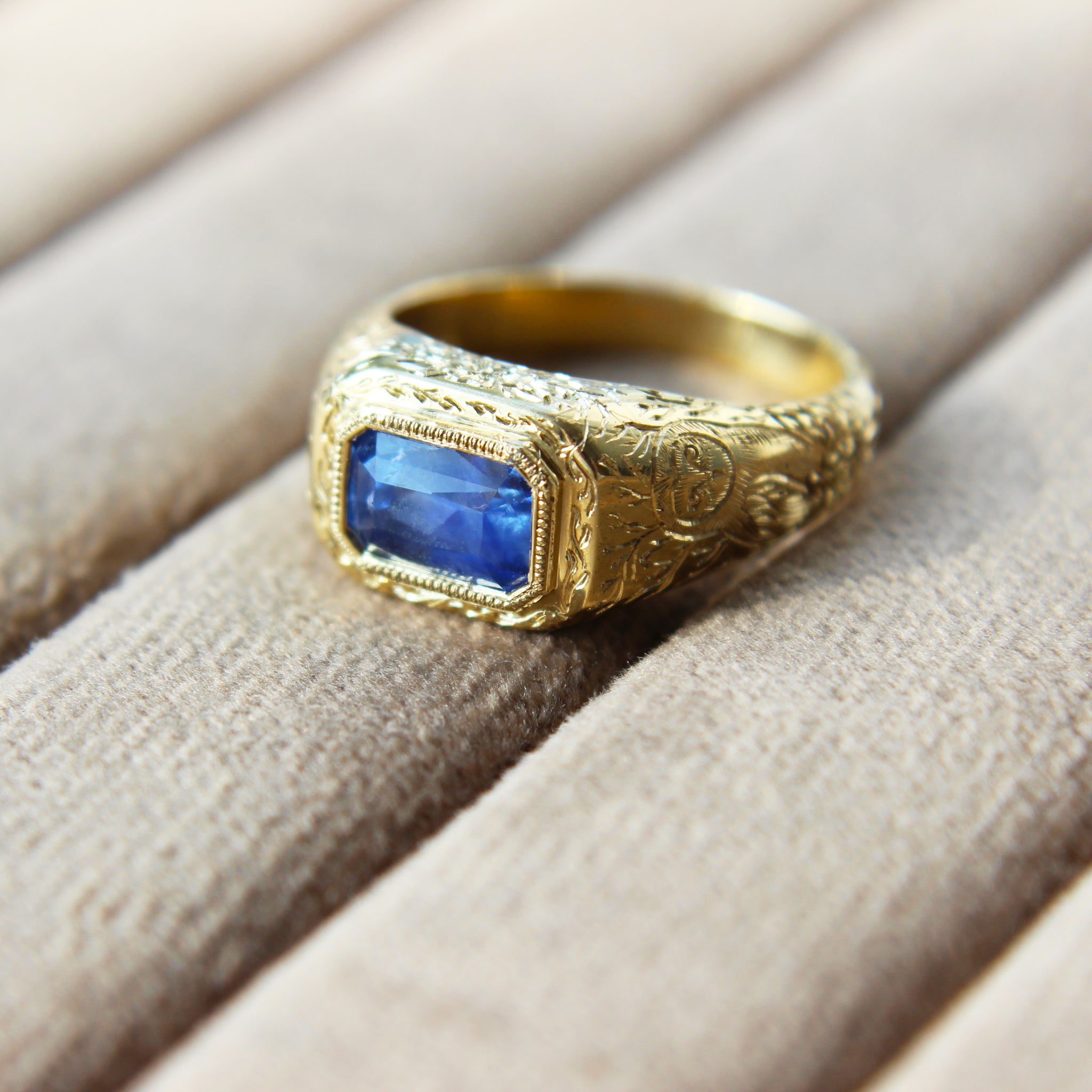 Natural Sapphire Hand Engraved Signet Ring