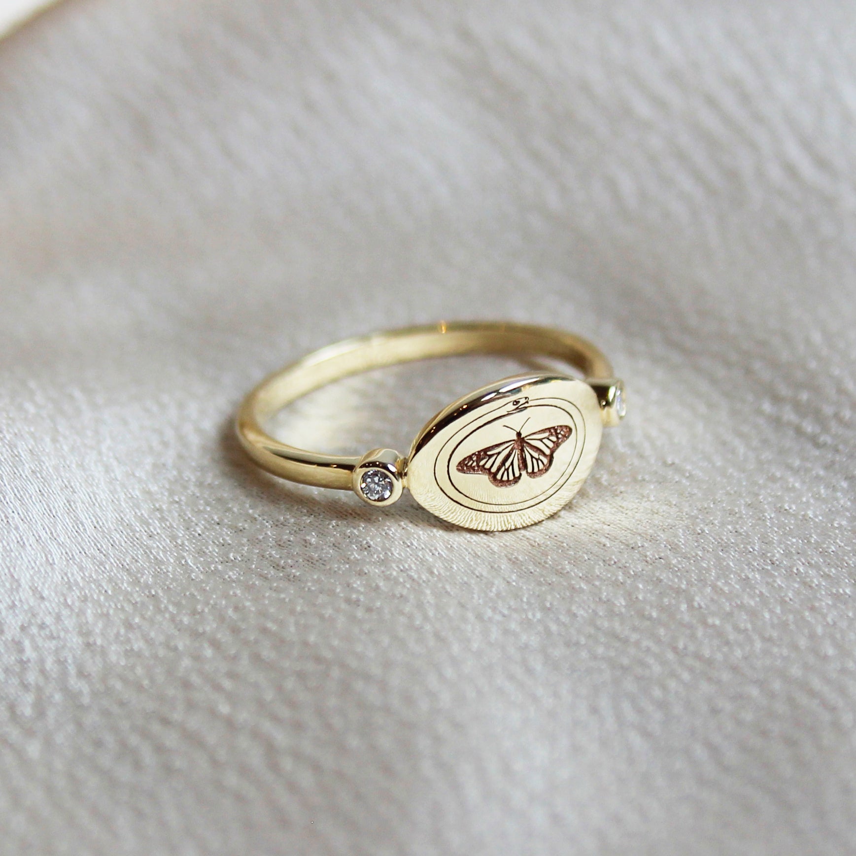 Diamond Engraved Snake Ouroboros and Butterfly Ring