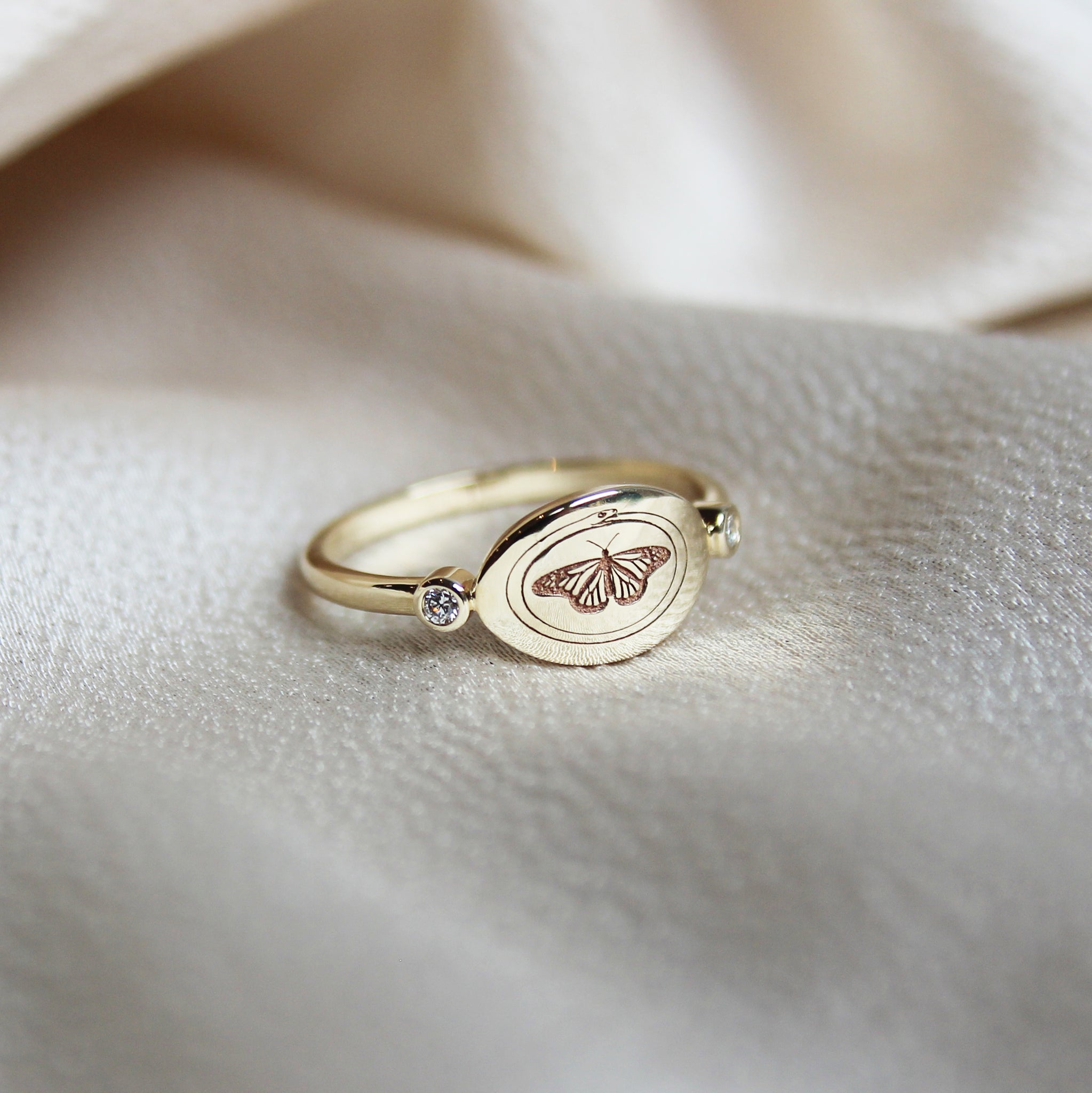 Diamond Engraved Snake Ouroboros and Butterfly Ring