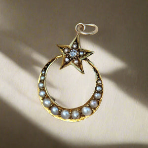 Victorian Pearl and Diamond Crescent and Star Pendant