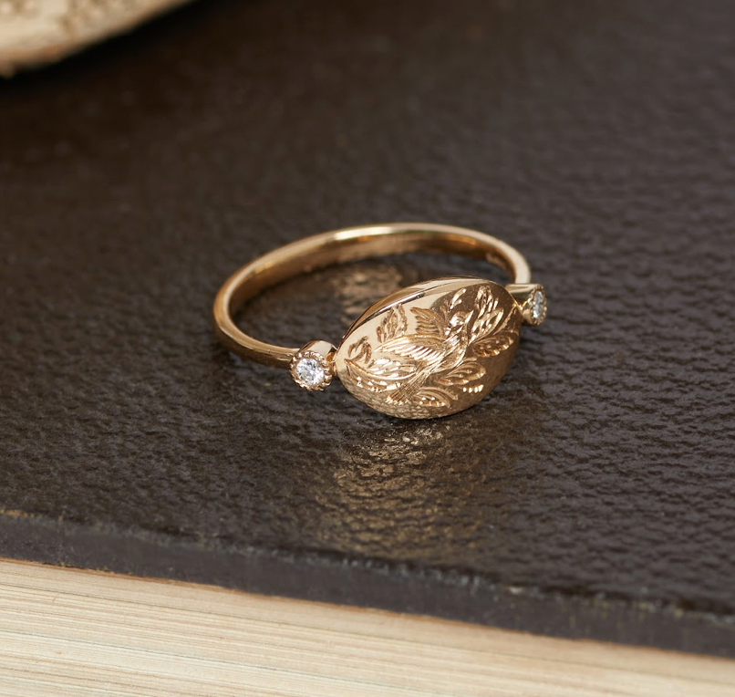 Bird Engraved Ring with Diamond Shoulders