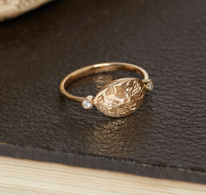 Bird Engraved Ring with Diamond Shoulders