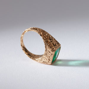 Natural Emerald Hand Engraved Signet Ring