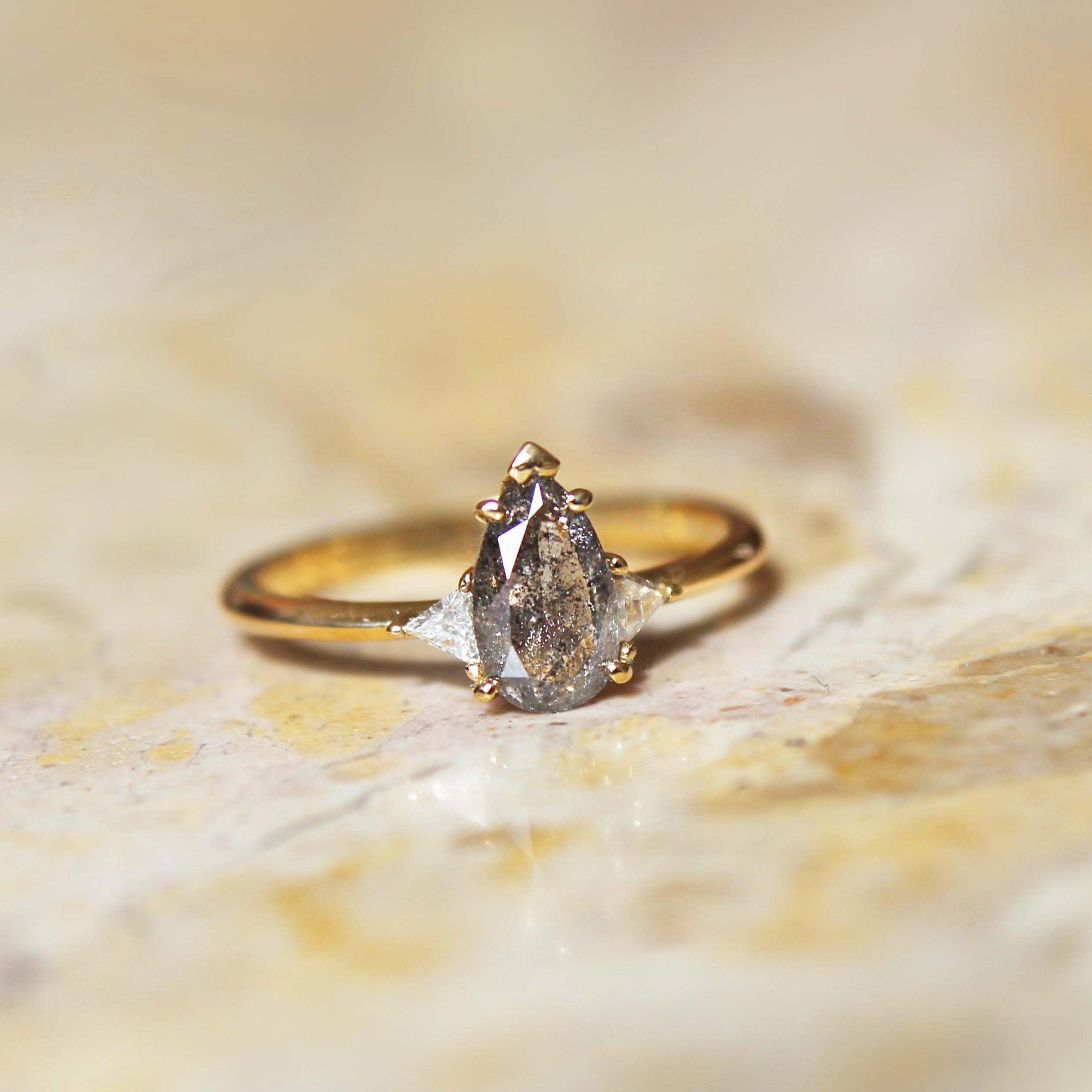 Salt and Pepper pear and triangle cut diamond engagement ring