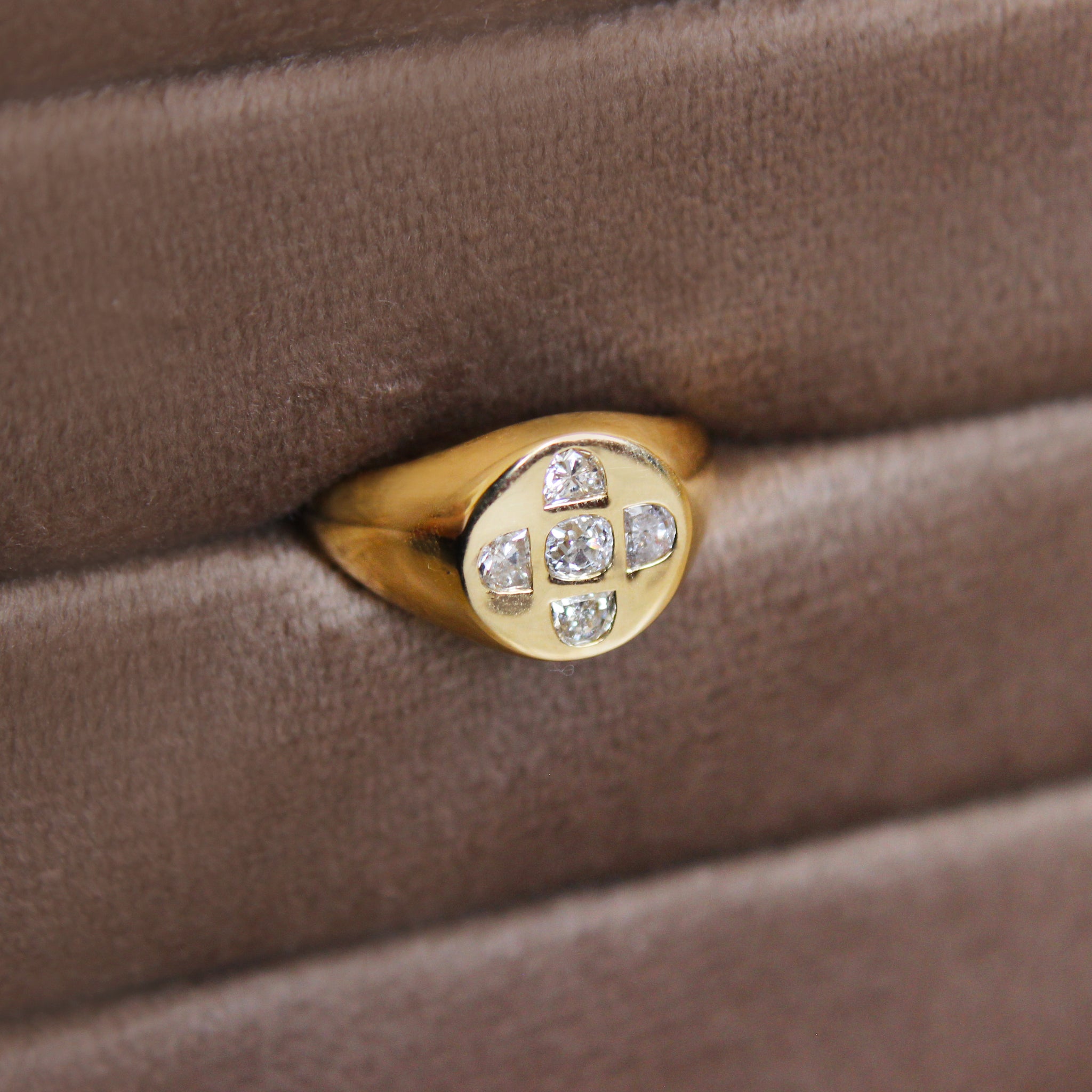 Half Moon and Old Cut Diamond Solid Signet Ring 18ct Yellow Gold